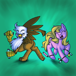 Size: 1280x1280 | Tagged: safe, artist:nappyrat, imported from derpibooru, oc, oc only, earth pony, griffon, pony, 2013, dancing, duo, eyes closed, glasses, glowstick