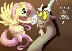 Size: 1400x1000 | Tagged: safe, artist:pimander1446, imported from derpibooru, discord, fluttershy, ice, ice pack, shocked, slapped, speech