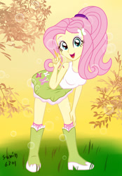 Size: 1158x1662 | Tagged: safe, artist:sumin6301, imported from derpibooru, fluttershy, equestria girls, alternate hairstyle, boots, bubble, clothes, female, grass, looking at you, open mouth, palindrome get, pencil, ponytail, signature, skirt, socks, solo, tanktop