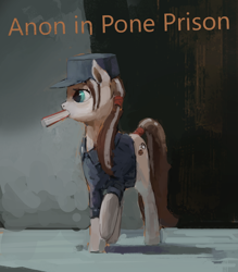 Size: 828x946 | Tagged: safe, artist:rhorse, imported from derpibooru, oc, oc only, oc:cookies n' cream, anon in pone prison, baton, mouth hold