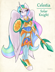 Size: 2550x3300 | Tagged: safe, artist:ambris, imported from derpibooru, princess celestia, alicorn, anthro, unguligrade anthro, adventuring is magic, armor, clothes, colored pupils, curved horn, fantasy class, female, knight, shield, smiling, solo, spear, warrior, warrior celestia, weapon