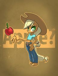 Size: 1060x1376 | Tagged: safe, artist:azzy-cola, imported from derpibooru, applejack, anthro, apple, belly button, clothes, female, midriff, pants, shirt, short shirt, solo, younger
