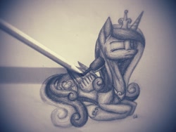 Size: 1024x768 | Tagged: safe, artist:lupiarts, imported from derpibooru, princess cadance, brushie, eyes closed, female, grayscale, monochrome, prone, solo, traditional art