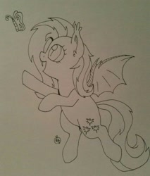 Size: 1092x1280 | Tagged: safe, artist:notenoughapples, imported from derpibooru, fluttershy, bat pony, butterfly, pony, female, flutterbat, flying, monochrome, smiling, solo, traditional art