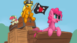 Size: 1920x1080 | Tagged: safe, artist:adidea, imported from derpibooru, apple bloom, applejack, pinkie pie, earth pony, pony, pinkie apple pie, apples to the core, bandana, bicorne, eyepatch, female, filly, flag, foal, hat, jolly roger, mare, mouth hold, pirate, pirate hat, trio, wagon