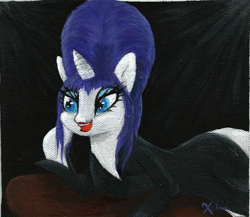 Size: 1155x1004 | Tagged: safe, artist:xchan, derpibooru exclusive, imported from derpibooru, rarity, pony, unicorn, acrylic painting, black dress, canvas, clothes, costume, crossover, dress, elvira, elviraty, female, halloween, lying down, open mouth, painting, solo, spotlight, table, traditional art