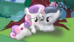 Size: 2000x1151 | Tagged: safe, artist:shutterflyeqd, imported from derpibooru, rumble, sweetie belle, crusaders of the lost mark, anatomically incorrect, cutie mark, female, incorrect leg anatomy, male, rumbelle, shipping, straight, the cmc's cutie marks