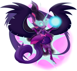 Size: 1600x1493 | Tagged: safe, artist:piichu-pi, imported from derpibooru, sci-twi, twilight sparkle, equestria girls, friendship games, bare shoulders, choker, female, horn, looking at you, magic, midnight sparkle, simple background, smiling, solo, transparent background, wings