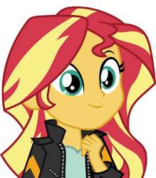 Size: 6330x7214 | Tagged: safe, artist:luckreza8, imported from derpibooru, sunset shimmer, equestria girls, friendship games, .svg available, absurd resolution, clothes, cute, female, happy, inkscape, leather jacket, shimmerbetes, simple background, smiling, solo, transparent background, vector, when she smiles