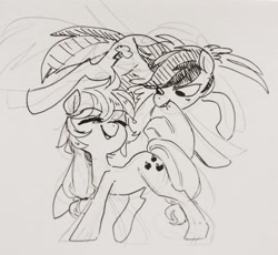 Size: 1280x1179 | Tagged: safe, artist:glacierclear, imported from derpibooru, applejack, rainbow dash, applejack's hat, eyes closed, grayscale, hat, lineart, monochrome, mouth hold, open mouth, raised hoof, sketch, traditional art