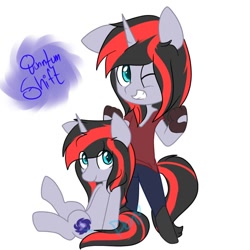 Size: 850x850 | Tagged: dead source, safe, artist:sweet-poni, imported from derpibooru, oc, oc:quantum shift, anthro, pony, anthro oc, anthro ponidox, anthro with ponies, ponified, sitting, standing