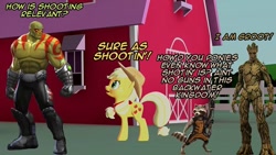 Size: 720x405 | Tagged: safe, imported from derpibooru, applejack, 3d, countryisms, crossover, drax the destroyer, gmod, groot, guardians of the galaxy, i am groot, obvious photoshopping, rocket raccoon