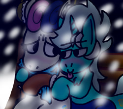 Size: 900x800 | Tagged: safe, artist:dragonpone, derpibooru exclusive, imported from derpibooru, bon bon, lyra heartstrings, bedroom eyes, blushing, clothes, drunk, earmuffs, female, gloves, lesbian, lyrabon, scarf, shipping, snow, snowfall, tongue out, worried