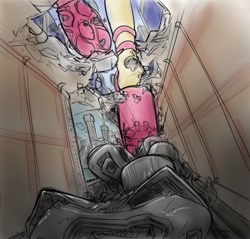 Size: 1014x969 | Tagged: safe, artist:alloyrabbit, imported from derpibooru, fluttershy, equestria girls, friendship through the ages, rainbow rocks, 60s, colored, destruction, drawing, female, folk fluttershy, giantess, macro, raised leg, sandals, solo, subway trains