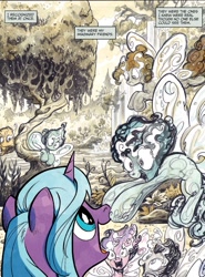 Size: 1214x1638 | Tagged: safe, artist:andypriceart, idw, imported from derpibooru, rabia, radiant hope, fairy, pixie, pony, umbrum, unicorn, siege of the crystal empire, spoiler:comic, spoiler:comic35, butterfly wings, female, mare, official comic, open mouth, waterfall