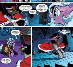 Size: 1370x1258 | Tagged: safe, artist:andypriceart, idw, imported from derpibooru, king sombra, radiant hope, pony, unicorn, siege of the crystal empire, spoiler:comic, spoiler:comic35, angry, ascended meme, cape, cloak, clothes, comic, duo, female, frown, glare, glowing eyes, male, mare, official comic, open mouth, pronking, smiling, smirk, stairs, stallion, that pony sure does love stairs