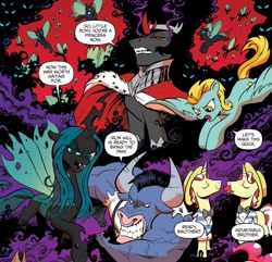 Size: 1374x1324 | Tagged: safe, artist:andypriceart, idw, imported from derpibooru, flam, flim, iron will, king sombra, lightning dust, queen chrysalis, changeling, changeling queen, minotaur, pegasus, pony, umbrum, unicorn, siege of the crystal empire, spoiler:comic, spoiler:comic35, antagonist, eyes closed, facial hair, female, flim flam brothers, male, mare, moustache, nose piercing, nose ring, official comic, piercing, septum piercing, smoke, speech bubble, stallion