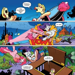 Size: 1374x1368 | Tagged: safe, artist:andypriceart, idw, imported from derpibooru, flam, flim, fluttershy, pinkie pie, rarity, changeling, earth pony, pony, unicorn, siege of the crystal empire, spoiler:comic, spoiler:comic35, comic, derp, female, flim flam brothers, male, mare, official comic, party cannon, pony cannonball, stallion, swirly eyes