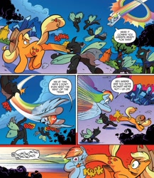 Size: 1380x1591 | Tagged: safe, artist:andypriceart, idw, imported from derpibooru, applejack, rainbow dash, changeling, earth pony, pegasus, pony, siege of the crystal empire, spoiler:comic, spoiler:comic35, abuse, buck, comic, dashabuse, female, fight, mare, official comic, sonic rainboom, starry eyes, tongue out, wingding eyes