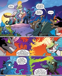 Size: 1381x1677 | Tagged: safe, artist:andypriceart, idw, imported from derpibooru, king sombra, princess celestia, princess luna, queen chrysalis, alicorn, changeling, changeling queen, pony, unicorn, siege of the crystal empire, spoiler:comic, spoiler:comic35, comic, female, magic, male, mare, official comic, royal sisters, stallion