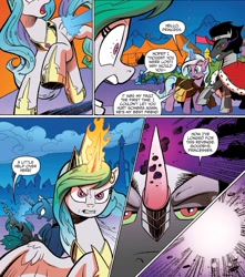 Size: 1377x1559 | Tagged: safe, artist:andypriceart, idw, imported from derpibooru, king sombra, princess celestia, princess luna, queen chrysalis, radiant hope, alicorn, changeling, changeling queen, pony, umbrum, unicorn, siege of the crystal empire, spoiler:comic, spoiler:comic35, comic, female, glowing horn, magic, male, mare, official comic, stallion