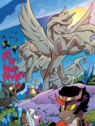 Size: 1372x1817 | Tagged: safe, artist:andypriceart, idw, imported from derpibooru, king sombra, princess celestia, princess luna, queen chrysalis, radiant hope, alicorn, changeling, pony, siege of the crystal empire, spoiler:comic, spoiler:comic35, chrysalis laughs at your misery, female, frown, glare, gritted teeth, laughing, male, mare, meme origin, official comic, petrification, rearing, smiling, spread wings, stallion, statue, wide eyes