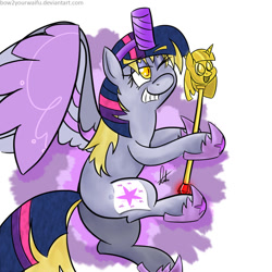 Size: 1024x1024 | Tagged: safe, artist:bow2yourwaifu, imported from derpibooru, derpy hooves, pegasus, pony, scare master, alicorn costume, clothes, costume, fake horn, fake wings, female, mare, nightmare night, nightmare night costume, solo, toilet paper roll, toilet paper roll horn, twilight muffins, twilight scepter, wig