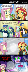Size: 800x2024 | Tagged: safe, artist:uotapo, imported from derpibooru, bon bon, flash sentry, fluttershy, lyra heartstrings, sunset shimmer, twilight sparkle, human, equestria girls, friendship games, 4koma, angry, berserk button, blushing, comic, dark magic, female, flashlight, husbando thief, jealous, lyraflashbon, magic, male, misunderstanding, ponies standing next to each other, possessive, prank, shipping, smug, snitch, sombra eyes, straight, this will end in tears and/or death, twilight sparkle (alicorn), yandere, yanderelight sparkle