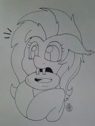 Size: 960x1280 | Tagged: safe, artist:notenoughapples, imported from derpibooru, fluttershy, bat pony, pony, bagel, female, floppy ears, flutterbat, monochrome, solo, stuck, traditional art