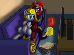 Size: 3200x2400 | Tagged: safe, artist:bbqninja501st, imported from derpibooru, oc, oc only, oc:daylight, oc:jessica gallopsby, couch, female, magic, male, oc x oc, pizza box, shipping, straight, video game