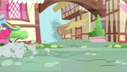 Size: 640x360 | Tagged: safe, imported from derpibooru, screencap, applejack, fluttershy, pinkie pie, rainbow dash, rarity, twilight sparkle, alicorn, earth pony, pegasus, pony, unicorn, season 5, the one where pinkie pie knows, animated, cartoon physics, female, gotta go fast, mane six, mare, pinkie being pinkie, pinkie physics, pushing, running, twilight sparkle (alicorn), wheel o feet