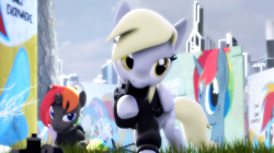 Size: 1920x1079 | Tagged: safe, artist:doge4ce, artist:shinodage, imported from derpibooru, derpy hooves, fluttershy, rainbow dash, twilight sparkle, oc, oc:krylone, pegasus, pony, 3d, clothes, female, graffiti, mare, mouth hold, source filmmaker, sweater