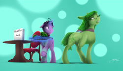 Size: 2406x1400 | Tagged: safe, artist:mechagen, imported from derpibooru, earth pony, pony, unicorn, broccoli, disgust (inside out), duo, fear (inside out), food, inside out, magic, pixar, ponified