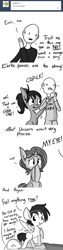 Size: 733x2932 | Tagged: safe, artist:tjpones, imported from derpibooru, oc, oc only, oc:richard, earth pony, human, pegasus, pony, unicorn, horse wife, ask, crack, cute, massage, monochrome, ocbetes, pain, tumblr