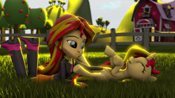 Size: 1147x641 | Tagged: safe, artist:turbovilka, imported from derpibooru, sunset shimmer, pony, unicorn, equestria girls, 3d, apple, apple tree, barn, bellyrubs, boots, clothes, cute, grass, high heel boots, human ponidox, jacket, leather jacket, self ponidox, shimmerbetes, smiling, source filmmaker, square crossover, tickling, tree