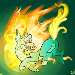 Size: 1000x1000 | Tagged: safe, artist:ogaraorcynder, imported from derpibooru, tianhuo, dragon, horse, hybrid, longma, them's fightin' herds, butt, community related, female, green background, mane of fire, maw, open mouth, plot, simple background, solo, teeth, tianbutt, tianhuo (tfh), uvula