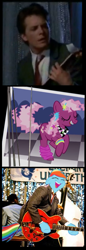 Size: 339x987 | Tagged: safe, edit, imported from derpibooru, cheerilee, rainbow dash, 1000 hours in ms paint, 80s, 80s cheerilee, back to the future, electric guitar, guitar, marty mcfly, ms paint, musical instrument, photo, screencap comic