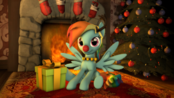 Size: 2560x1440 | Tagged: safe, artist:zigidi94, imported from derpibooru, rainbow dash, pony, 3d, antlers, christmas, christmas lights, christmas ornament, christmas stocking, christmas tree, female, fire, fireplace, necklace, present, red nose, reindeer dash, rudolph, rudolph dash, rug, sitting, solo, source filmmaker, tree