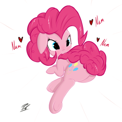 Size: 1000x1000 | Tagged: safe, artist:pilla, imported from derpibooru, pinkie pie, chasing own tail, chewing, cute, diapinkes, female, floppy ears, heart, nom, simple background, solo, tail bite, underhoof