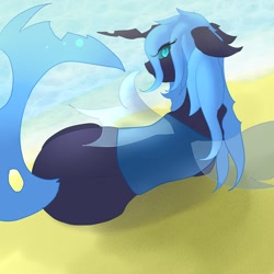 Size: 1280x1280 | Tagged: safe, artist:featherystorm, imported from derpibooru, oc, oc only, oc:princess cordelia, changeling, beach, blue changeling, female, looking back, on side, side, solo