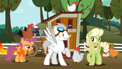 Size: 1280x732 | Tagged: dead source, safe, artist:flash equestria photography, imported from derpibooru, granny smith, great scott (character), great scott (g4), scootaloo, chicken, crusaders of the lost mark, back to the future, back to the future part 3, blushing, chicken coop, crossover, delorean, doc brown, female, greatsmith, male, marty mcfly, ponified, shipping, straight, sweat, sweet apple acres, time travel, wagon, wrong eye color, young granny smith