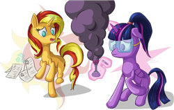 Size: 3661x2334 | Tagged: safe, artist:itresad, imported from derpibooru, sunset shimmer, twilight sparkle, alicorn, pony, unicorn, cutie mark, duo, erlenmeyer flask, flask, goggles, horn, levitation, magic, open mouth, paper, raised hoof, research, science, simple background, smoke, test tube, transparent background, twilight sparkle (alicorn)