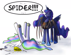 Size: 1600x1235 | Tagged: safe, artist:foxi-5, imported from derpibooru, princess celestia, princess luna, alicorn, pony, spider, 2spooky, arachnophobia, boo, cake, cakelestia, clothes, costume, cute, dialogue, duo, eyes closed, faint, fainting goat, featureless crotch, female, grin, legs in air, lunabetes, mare, on back, smiling, spoon, spread wings, squee, tea, teacup, this will end in tears and/or a journey to the moon