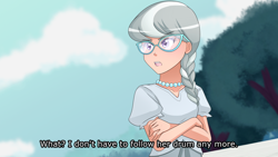 Size: 1280x720 | Tagged: safe, artist:jonfawkes, imported from derpibooru, silver spoon, human, crusaders of the lost mark, braid, clothes, crossed arms, female, glasses, humanized, implied diamond tiara, necklace, offscreen character, open mouth, scene interpretation, solo, talking