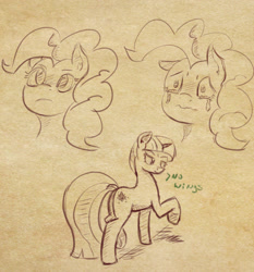 Size: 888x954 | Tagged: safe, artist:post-it, imported from derpibooru, pinkie pie, twilight sparkle, crying, monochrome, sketch, twibutt, wingless