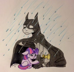 Size: 2057x1997 | Tagged: safe, artist:ameliacostanza, imported from derpibooru, twilight sparkle, earth pony, pony, unicorn, arkham city, batman, bruce wayne, clothes, costume, crossover, crying, filly, filly twilight sparkle, ponified, rain, traditional art