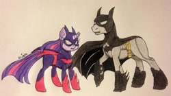 Size: 2959x1655 | Tagged: safe, artist:ameliacostanza, imported from derpibooru, twilight sparkle, earth pony, pony, unicorn, arkham city, batgirl, batman, batmare, bruce wayne, clothes, costume, crossover, dc comics, duo, ponified, traditional art