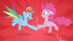 Size: 1280x720 | Tagged: safe, imported from derpibooru, screencap, pinkie pie, rainbow dash, earth pony, pegasus, pony, griffon the brush off, season 1, joy buzzer, prank, shock, slapstick