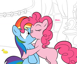 Size: 1387x1157 | Tagged: safe, artist:kloudmutt, imported from derpibooru, pinkie pie, rainbow dash, earth pony, pegasus, pony, bipedal, duo, female, kiss on the lips, kissing, lesbian, mare, pinkiedash, shipping, surprise kiss, surprised