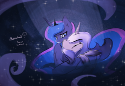 Size: 1280x888 | Tagged: safe, artist:darkflame75, imported from derpibooru, princess luna, oc, oc:crescent hue, lunadoodle, crying, hug, iraincloud